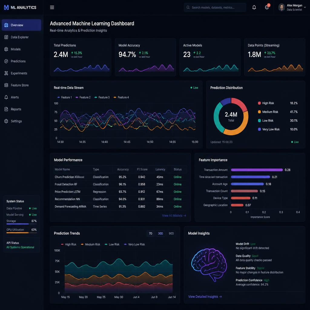 Advanced machine learning analytics dashboard with real-time data visualization and prediction models